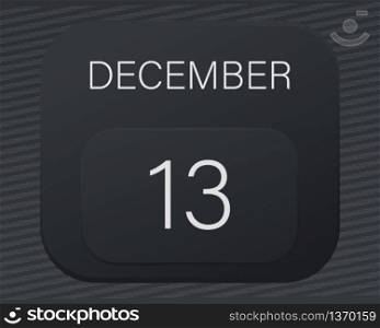 Design calendar 2021 year in trendy black style.Vector illustration symbol of a calendar.Stylish black gradient.Daily sign of the calendar for web site design,logo,app,UI/UX.Winter December 13