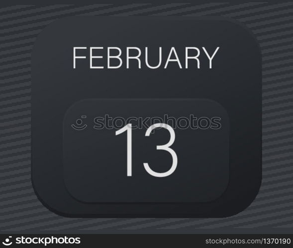 Design calendar 2021 year in trendy black style.Vector illustration symbol of a calendar.Stylish black gradient.Daily sign of the calendar for web site design,logo,app,UI/UX.Winter February 13