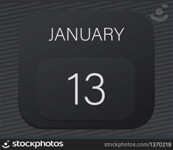 Design calendar 2021 year in trendy black style.Vector illustration symbol of a calendar.Stylish black gradient.Daily sign of the calendar for web site design,logo,app,UI/UX.Winter January 13