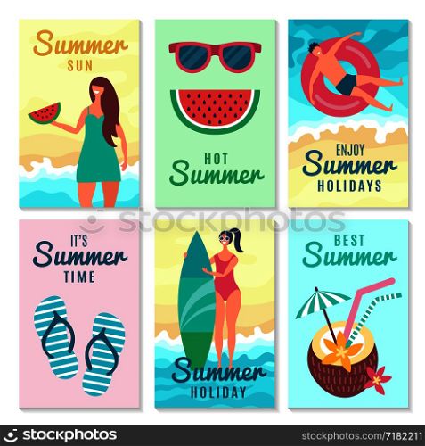 Design cards with summer symbols and various characters. Vector poster summertime, beach paradise illustration. Design cards with summer symbols and various characters