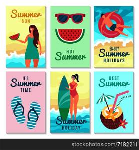 Design cards with summer symbols and various characters. Vector poster summertime, beach paradise illustration. Design cards with summer symbols and various characters
