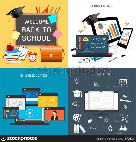 Design concept of education and online learning.Back to school template with blackboard and items for school. Icons for education, online education, online learning
