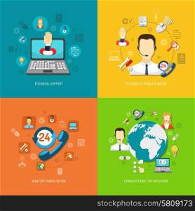 Design concept set for round-the-clock computer remote support nonstop consultation and search optimal solution isolated vector illustration . Design concept set for support