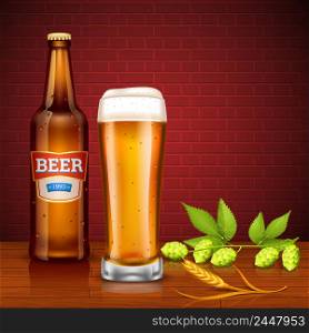 Design concept with beer bottle full glass of lager spike of barley and hop cones on brick wall background vector illustration . Beer Design Concept With Bottle And Glass