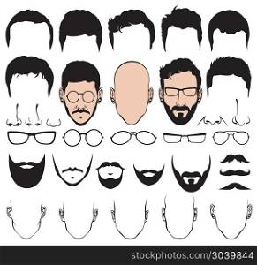 Design constructor with man head vector silhouette shapes of haircuts, glasses, beards, mustaches. Design constructor with man head vector silhouette shapes of haircuts, glasses, beards, mustaches. Haircut for fashion gentleman illustration