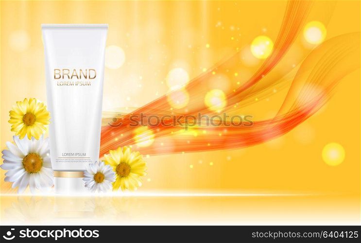 Design Cosmetics Product Bottle with Flowers Chamomile Template for Ads, Announcement Sale, Promotion New Product or Magazine Background. 3D Realistic Vector Iillustration. EPS10. Design Cosmetics Product Bottle with Flowers Chamomile Template