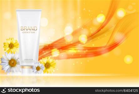 Design Cosmetics Product Bottle with Flowers Chamomile Template for Ads, Announcement Sale, Promotion New Product or Magazine Background. 3D Realistic Vector Iillustration. EPS10. Design Cosmetics Product Bottle with Flowers Chamomile Template
