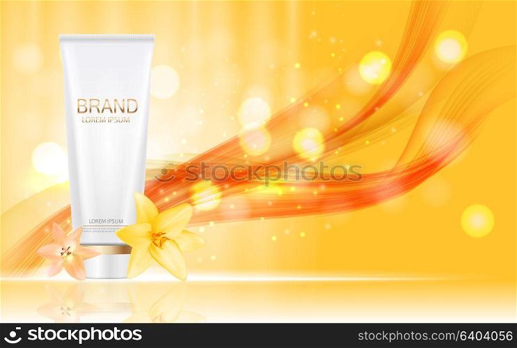 Design Cosmetics Product Bottle with Flowers Golden Lily Template for Ads, Announcement Sale, Promotion New Product or Magazine Background. 3D Realistic Vector Iillustration. EPS10. Design Cosmetics Product Bottle with Flowers Golden Lily Templat