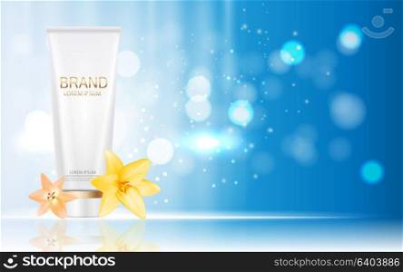 Design Cosmetics Product with Flowers Golden Liy Template for Ads or Magazine Background. 3D Realistic Vector Iillustration. EPS10. Design Cosmetics Product with Flowers Golden Liy Template for A