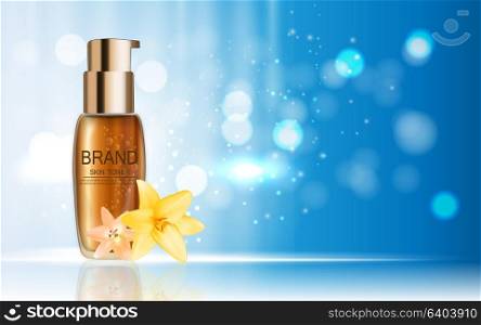 Design Cosmetics Product with Flowers Golden Liy Template for Ads or Magazine Background. 3D Realistic Vector Iillustration. EPS10. Design Cosmetics Product with Flowers Golden Liy Template for A