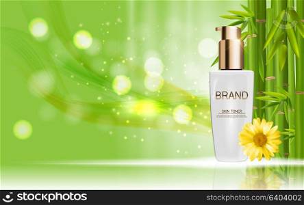 Design Cosmetics Skin Toner Product Bottle with Flowers Chamomile Template for Ads, Announcement Sale, Promotion New Product or Magazine Background. 3D Realistic Vector Iillustration. EPS10. Design Cosmetics Skin Toner Product Bottle with Flowers Chamomil