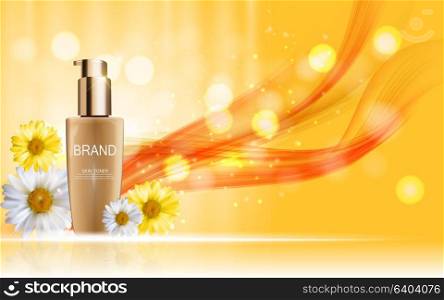 Design Cosmetics Skin Toner Product Bottle with Flowers Chamomile Template for Ads, Announcement Sale, Promotion New Product or Magazine Background. 3D Realistic Vector Iillustration. EPS10. Design Cosmetics Skin Toner Product Bottle with Flowers Chamomil