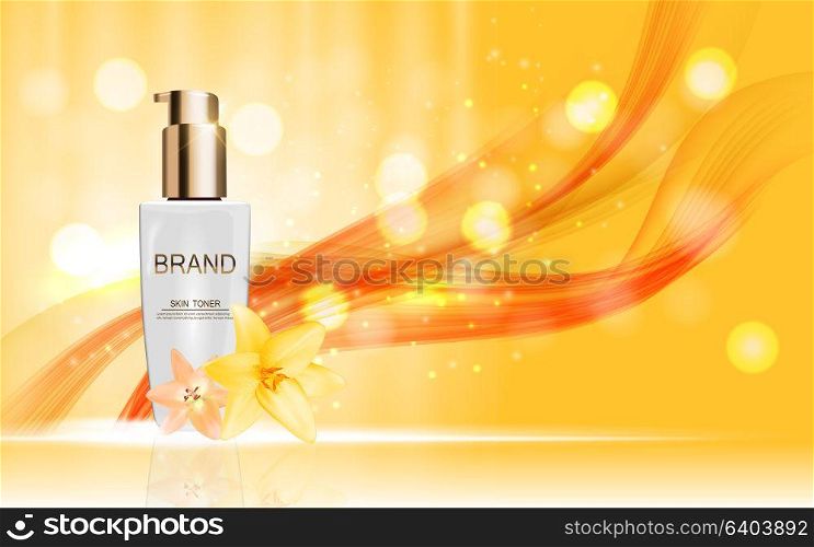 Design Cosmetics Skin Toner Product Bottle with Flowers Golden Liy Template for Ads, Announcement Sale, Promotion New Product or Magazine Background. 3D Realistic Vector Iillustration. EPS10. Design Cosmetics Skin Toner Product Bottle with Flowers Golden L