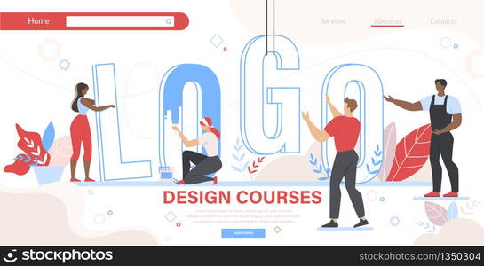 Design Courses Horizontal Banner. Group of People Set Up Huge Word Logo and Painting Letters. Men and Women Education. Teamwork and Creative Occupation for Designers. Cartoon Flat Vector Illustration. Design Courses Group of People Set Up Word Logo