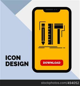 Design, designer, digital, tools, pencil Glyph Icon in Mobile for Download Page. Yellow Background. Vector EPS10 Abstract Template background