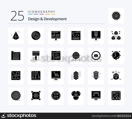 Design   Development 25 Solid Glyph icon pack including web design. coding. sticker. browser. programing