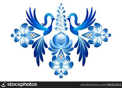 Design element in Gzhel style with flowers and fabulous birds. Vector illustration