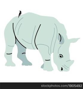 Design elements ready for cards, stickers prints, posters. African rhino illustration Rhinoceros with a sitting bird