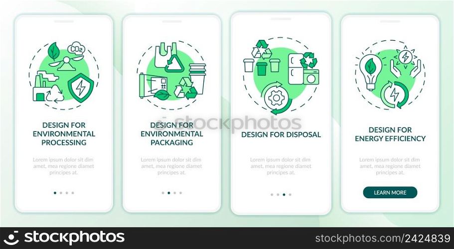 Design for environment green onboarding mobile app screen. Eco industry walkthrough 4 steps graphic instructions pages with linear concepts. UI, UX, GUI template. Myriad Pro-Bold, Regular fonts used. Design for environment green onboarding mobile app screen