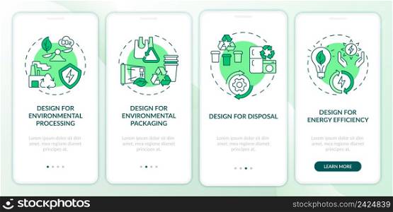 Design for environment green onboarding mobile app screen. Eco industry walkthrough 4 steps graphic instructions pages with linear concepts. UI, UX, GUI template. Myriad Pro-Bold, Regular fonts used. Design for environment green onboarding mobile app screen