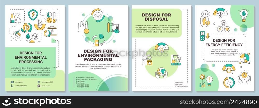 Design for environment safety green brochure template. Eco technology. Leaflet design with linear icons. 4 vector layouts for presentation, annual reports. Arial-Bold, Myriad Pro-Regular fonts used. Design for environment safety green brochure template