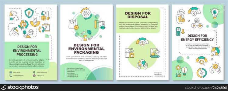 Design for environment safety green brochure template. Eco technology. Leaflet design with linear icons. 4 vector layouts for presentation, annual reports. Arial-Bold, Myriad Pro-Regular fonts used. Design for environment safety green brochure template