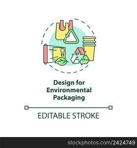 Design for environmental packaging concept icon. Industrial ecology abstract idea thin line illustration. Isolated outline drawing. Editable stroke. Arial, Myriad Pro-Bold fonts used. Design for environmental packaging concept icon
