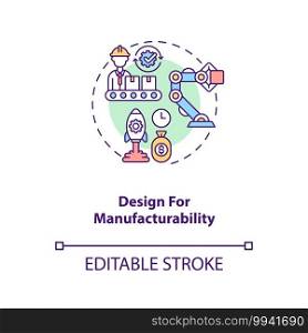 Design for manufacturability concept icon. Cost reduction strategy idea thin line illustration. Business process optimization. Vector isolated outline RGB color drawing. Editable stroke. Design for manufacturability concept icon