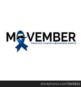 Design for Prostate cancer awareness month in November. Word movember with realistic blue ribbon. Design template for poster. Vector illustration.