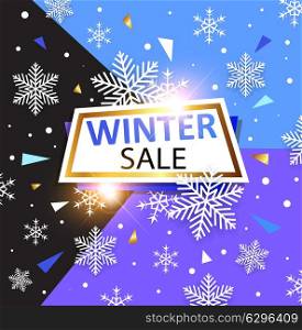 Design for seasonal Christmas sale. White snowflakes and banner on abstract geometrical background.