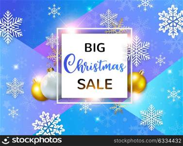 Design for seasonal Christmas sale. White snowflakes and golden decorations on a blue abstract geometrical background.