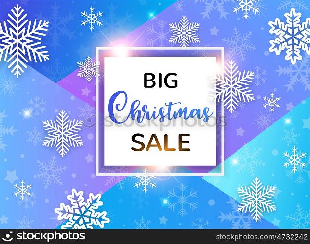 Design for seasonal Christmas sale. White snowflakes on a blue abstract geometrical background.