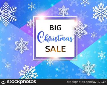 Design for seasonal Christmas sale. White snowflakes on a blue abstract geometrical background.