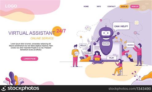 Design for Virtual Assistant Website. Full Time Online Services. Hotline Chat Bot Advises Client on Computer Screen. Online Tech Support. Web Page Business Startup with Various Male, Female Actions. Design for Virtual Assistant Website Online