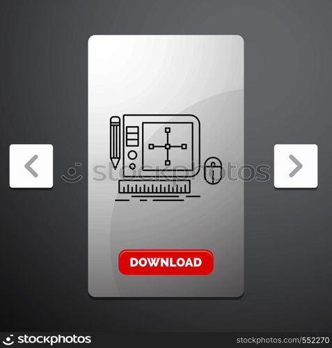 design, Graphic, Tool, Software, web Designing Line Icon in Carousal Pagination Slider Design & Red Download Button. Vector EPS10 Abstract Template background