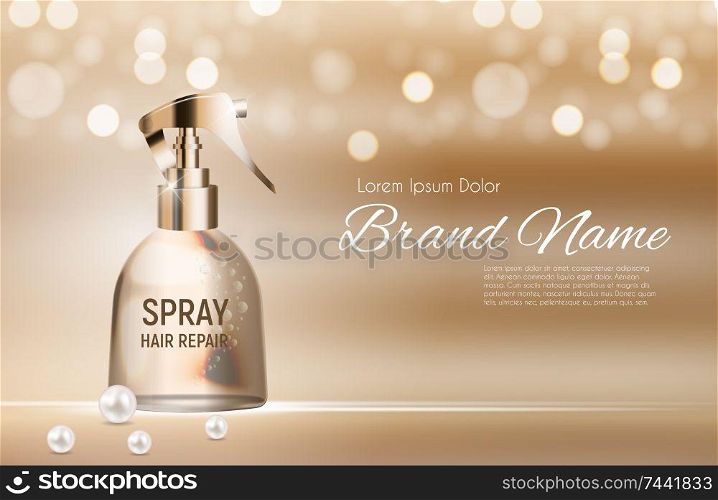 Design Hair Repair Spray Cosmetics Product Template for Ads or Magazine Background. 3D Realistic Vector Iillustration. EPS10. Design Hair Repair Spray Cosmetics Product Template for Ads or Magazine Background. 3D Realistic Vector Iillustration