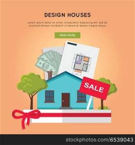 Design Houses Conceptual Web Banner in Flat Design. Design houses vector web banner in flat design. Designing, buying and selling a new place for living. Illustration for real estate, building, engineering company web page design, advertising
