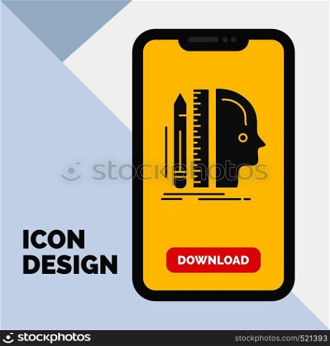 Design, human, ruler, size, thinking Glyph Icon in Mobile for Download Page. Yellow Background. Vector EPS10 Abstract Template background