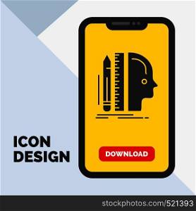 Design, human, ruler, size, thinking Glyph Icon in Mobile for Download Page. Yellow Background. Vector EPS10 Abstract Template background