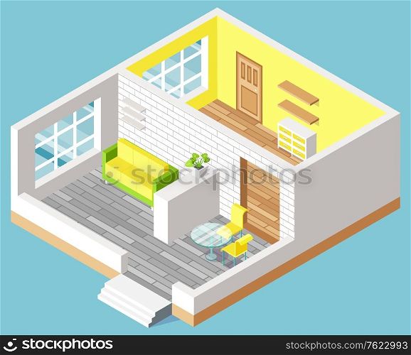 Design of apartment, door and bedside table, shelf and sofa, table with chairs. Interior of room with furniture, contemporary 3d view of house vector. House Interior, furniture Indoor, Moving Vector