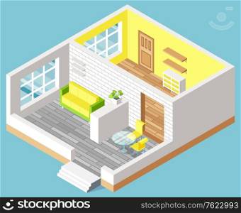 Design of apartment, door and bedside table, shelf and sofa, table with chairs. Interior of room with furniture, contemporary 3d view of house vector. House Interior, furniture Indoor, Moving Vector
