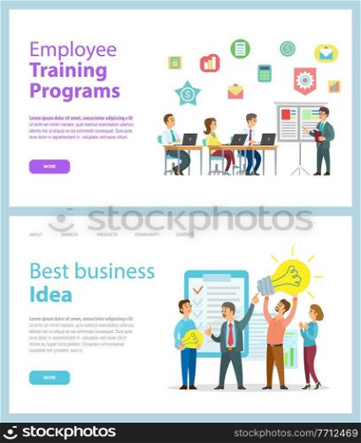 Design of business websites, landing page. Employee training programs. Best business idea. People listening coacher standing near board, training course. Businesspeople have new idea, plan or strategy. Design of business websites, landing page, employee training programs, best business idea, strategy