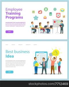Design of business websites, landing page. Employee training programs. Best business idea. People listening coacher standing near board, training course. Businesspeople have new idea, plan or strategy. Design of business websites, landing page, employee training programs, best business idea, strategy