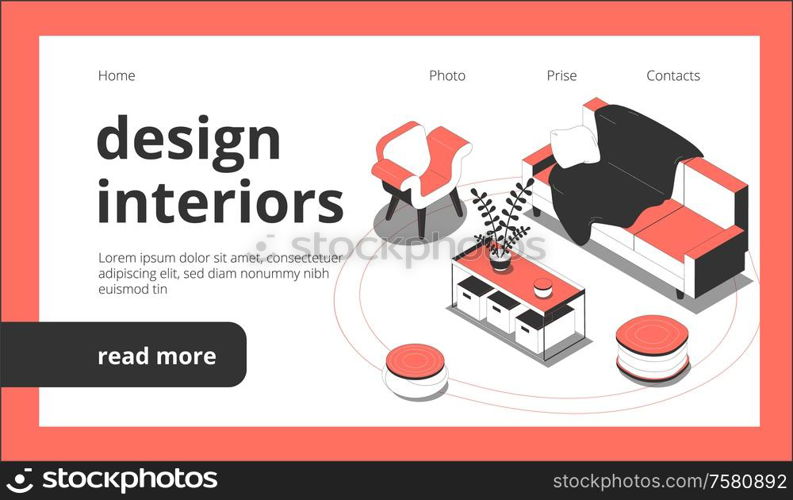 Design of interiors web page isometric landing website background with clickable links buttons and furniture images vector illustration