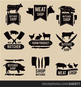 Design of monochrome labels set for butcher shop with illustrations of domestic animals and kitchen tools. Animal farm shop butcher, label vintage market. Design of monochrome labels set for butcher shop with illustrations of domestic animals and kitchen tools