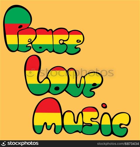 Design of Peace, Love and Music in bubble style in green, yellow and red colors. Vector illustration.. Design of Peace, Love and Music in bubble style in green, yellow and red colors.