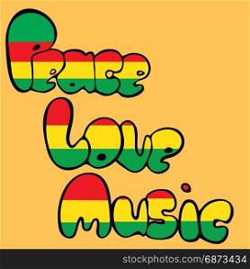Design of Peace, Love and Music in bubble style in green, yellow and red colors. Vector illustration.. Design of Peace, Love and Music in bubble style in green, yellow and red colors.