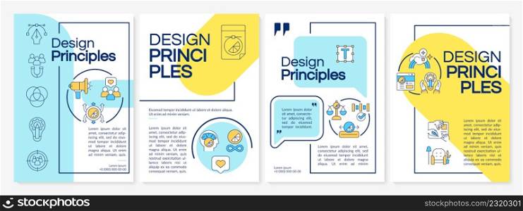 Design principles blue and yellow brochure template. Business style. Leaflet design with linear icons. 4 vector layouts for presentation, annual reports. Questrial, Lato-Regular fonts used. Design principles blue and yellow brochure template