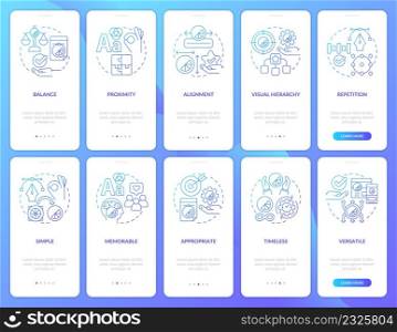 Design principles blue gradient onboarding mobile app screen set. Content walkthrough 5 steps graphic instructions pages with linear concepts. UI, UX, GUI template. Myriad Pro-Bold, Regular fonts used. Design principles blue gradient onboarding mobile app screen set