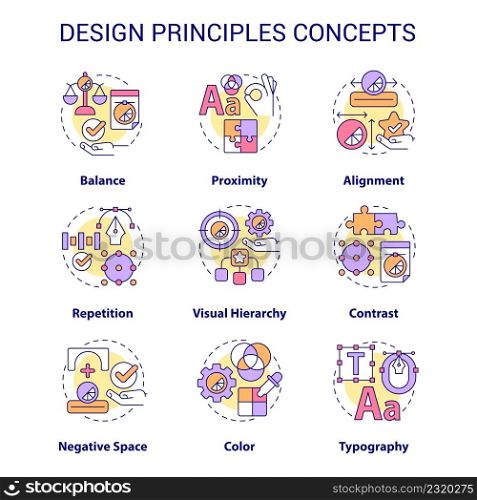 Design principles concept icons set. Art and creative work. Visual content trends idea thin line color illustrations. Isolated symbols. Editable stroke. Roboto-Medium, Myriad Pro-Bold fonts used. Design principles concept icons set